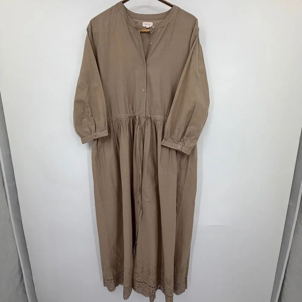 Isolaine 100% Cotton Shirt Dress M Taupe Drawstring Eyelet Embroidered Midi Boho